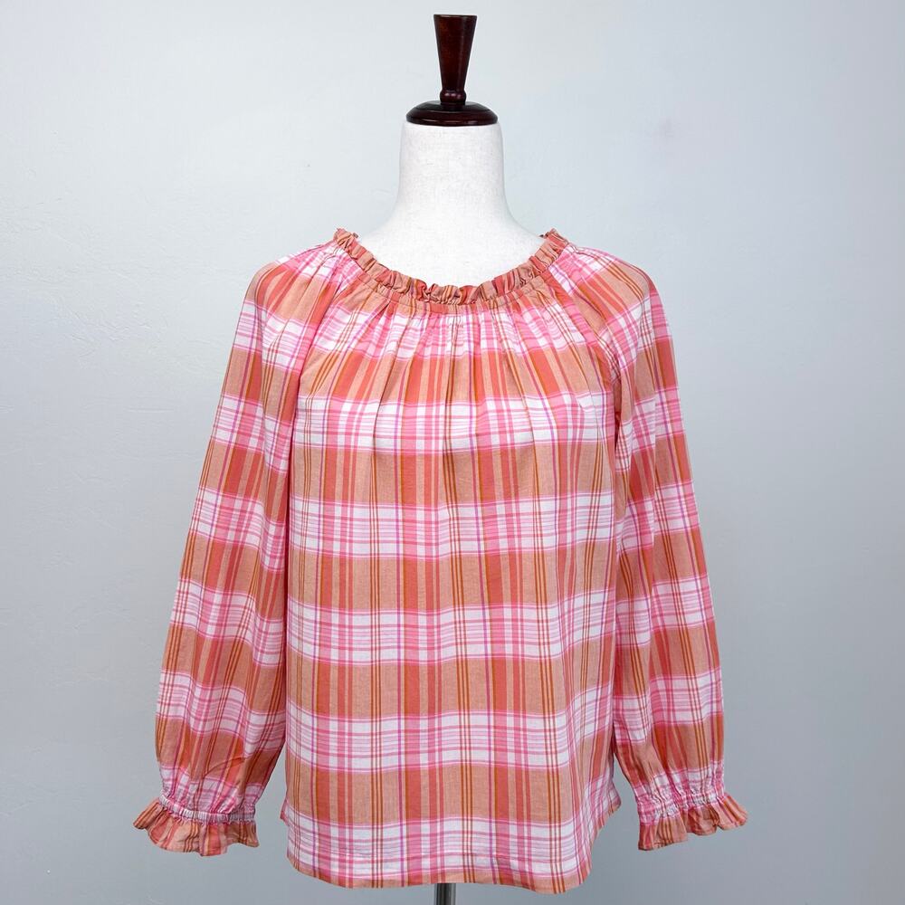 J. Crew Summer Orange Pink Plaid 100% Cotton Ruffle Tie-Back Long Sleeve Top XS